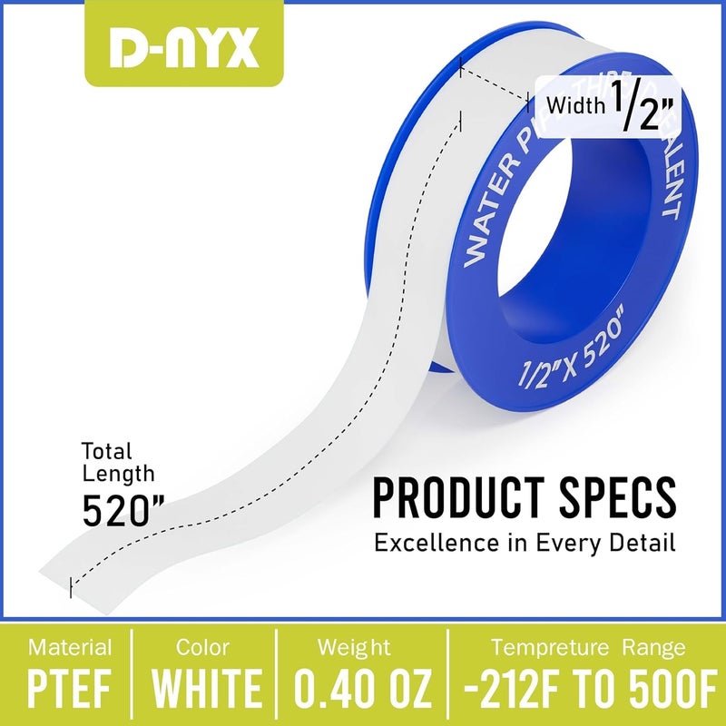 D-NYX Teflon Tape 4 Rolls 1/2 Inch(W) X 520 Inches(L) Teflon Duct Sealant Tape for Shower Head, Plumbing Thread Tapes, Water Pipe Sealing Plumbers PTFE Thread Seal, Pipe Dope Plumbers Accessories - Image 4